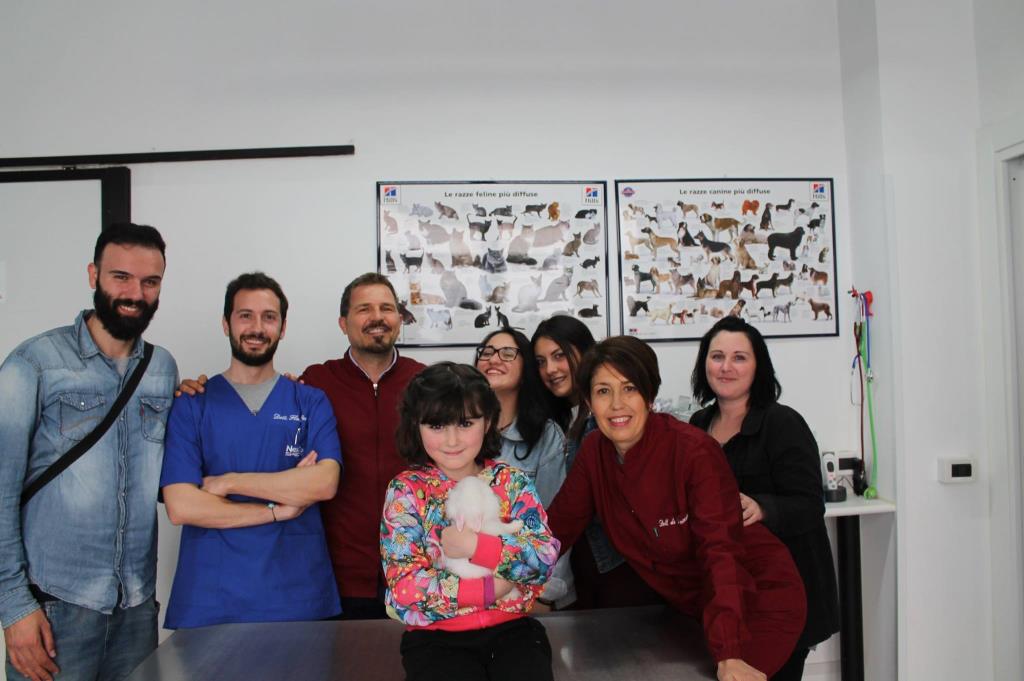 équipe veterinaria con bambina e coniglietto