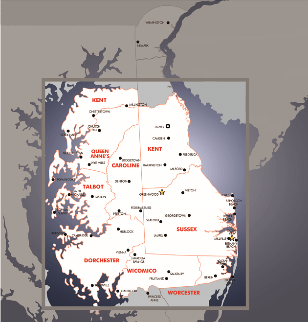 Graphic of Delaware and Maryland Map  | Bay to Beach Builders | Greenwood, DE 19950
