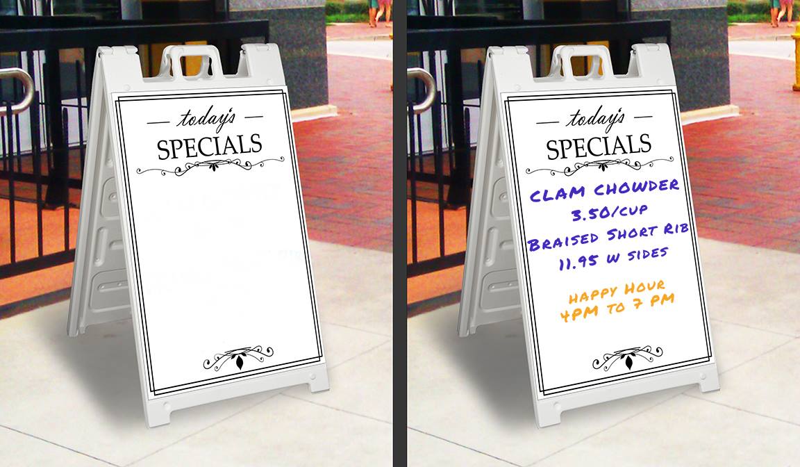 A white sign that says specials on it