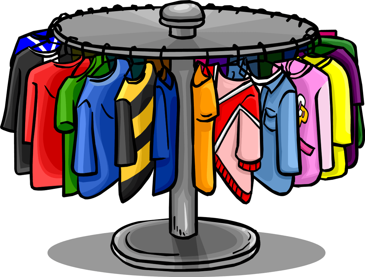 A cartoon illustration of a clothing rack filled with clothes