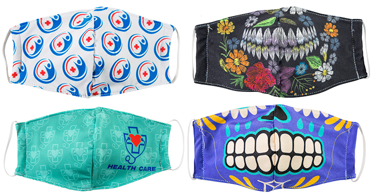 A set of four face masks with different designs on them.
