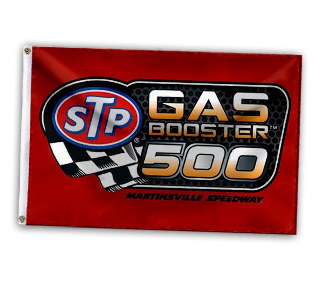 A red flag with the stp gas booster 500 logo on it