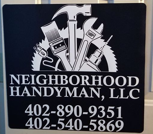 A black and white sign for neighborhood handyman llc