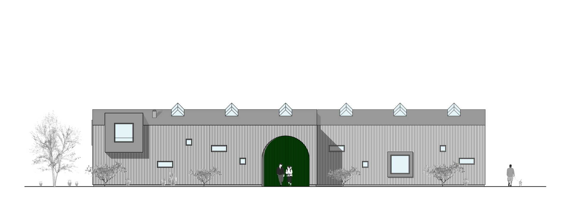 Skizze der Einstellhalle - Front