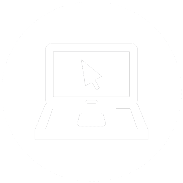 A line drawing of a laptop computer with a mouse pointer on the screen.
