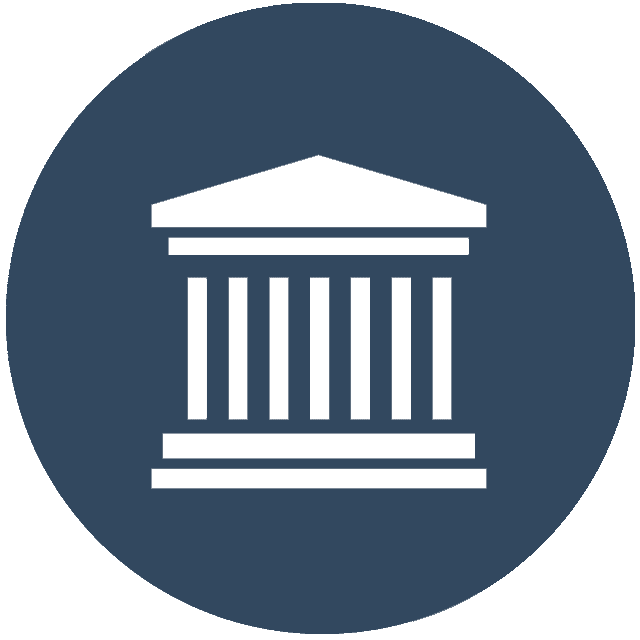 A white icon of a building with columns in a blue circle.