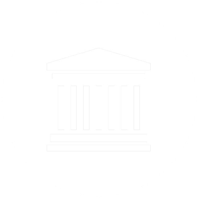 A white icon of a building with columns on a white background.
