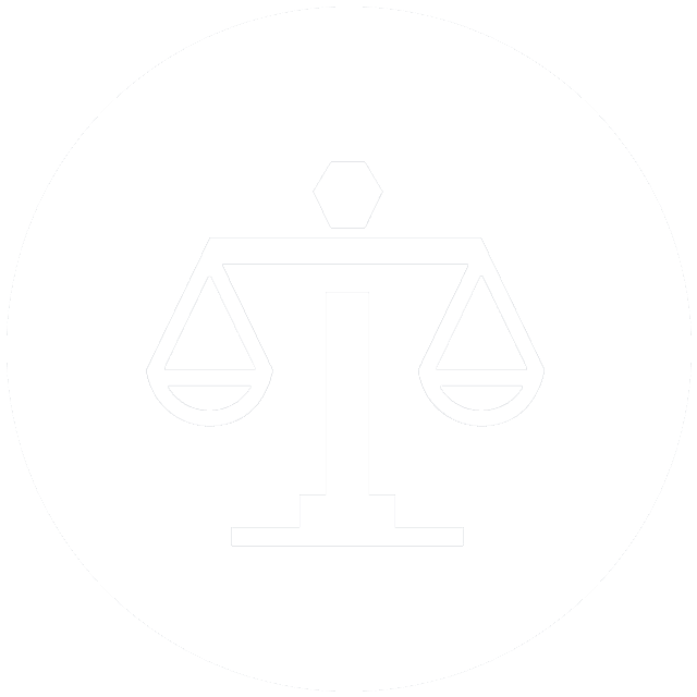 A white icon of a scale of justice on a white background.