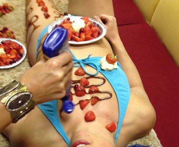 Eat strawberries & cream off a beautiful female model