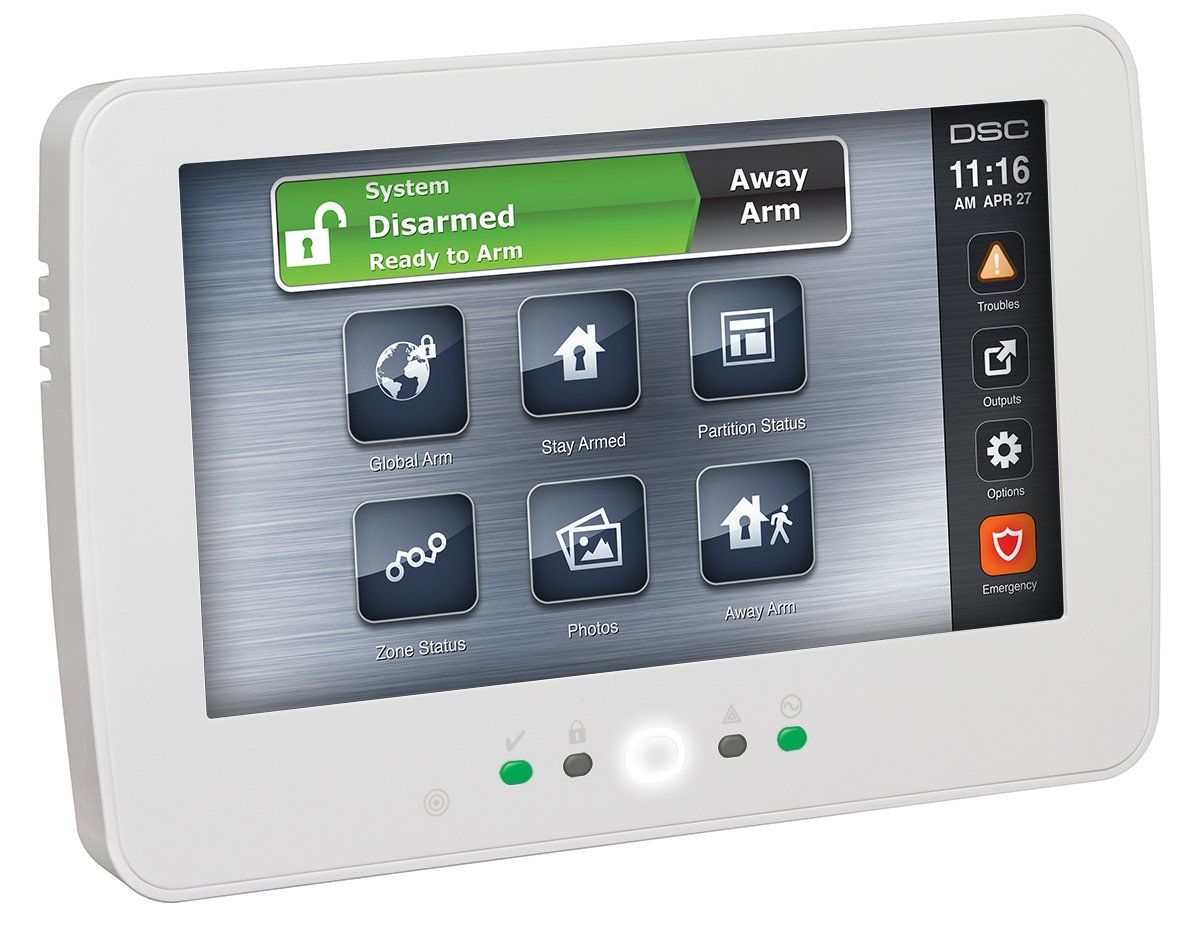 White security system control panel with touch screen, showing system status and options.