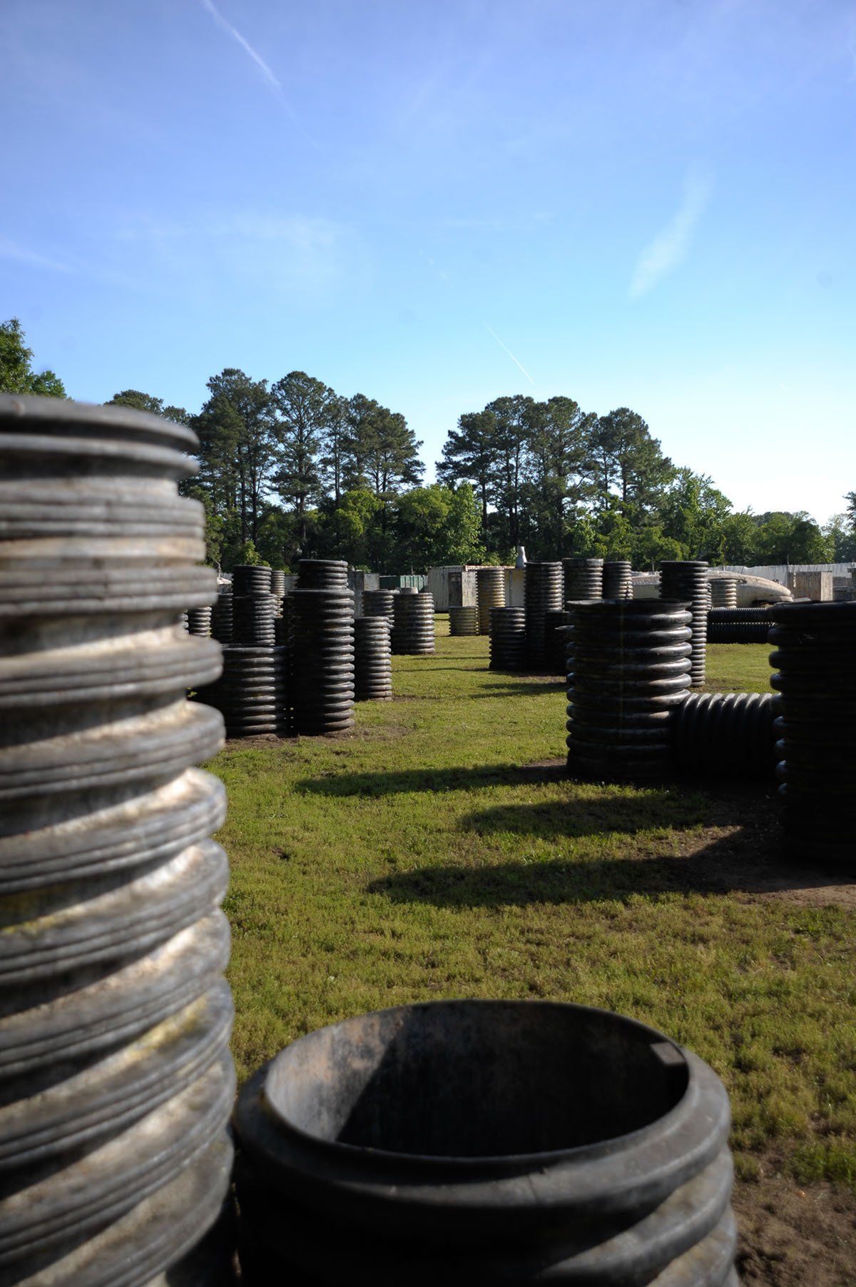A field of tires stacked on top of each other