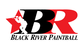 A black river paintball logo with a red star