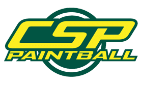 A green and yellow logo for csp paintball