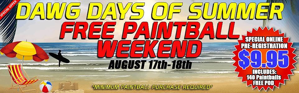 An advertisement for a free paintball weekend on august 17th 18th