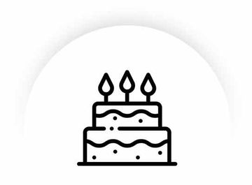 A black and white icon of a birthday cake with three candles.