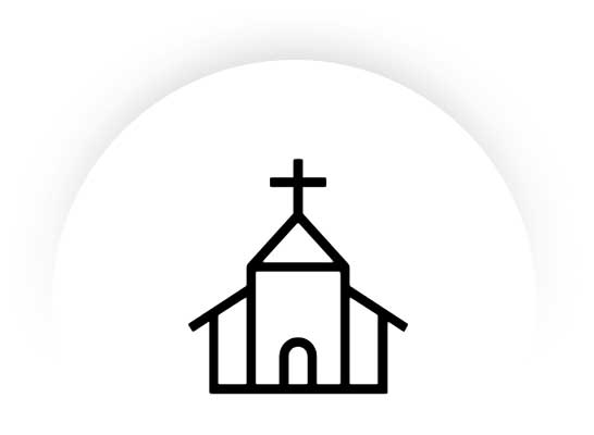 A black and white icon of a church with a cross on top.