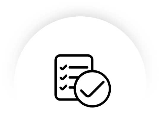 A black and white icon of a checklist and a check mark.