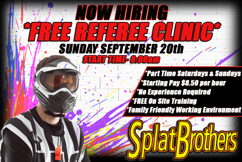 An advertisement for a free referee clinic sponsored by splat brothers
