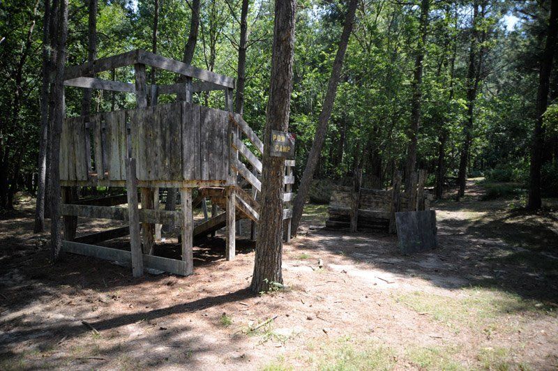 There is a wooden structure in the middle of the woods.