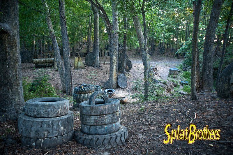 A bunch of tires are stacked on top of each other in the woods.