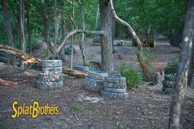 A bunch of tires are stacked on top of each other in the woods.