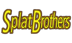The splat brothers logo is yellow and orange on a white background.