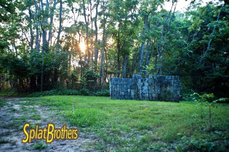 A stone wall in the middle of a grassy field with the words splat brothers on the bottom