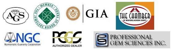Logos for AGS, GIA, NGC, PCGS, and others, representing gemological and numismatic organizations.