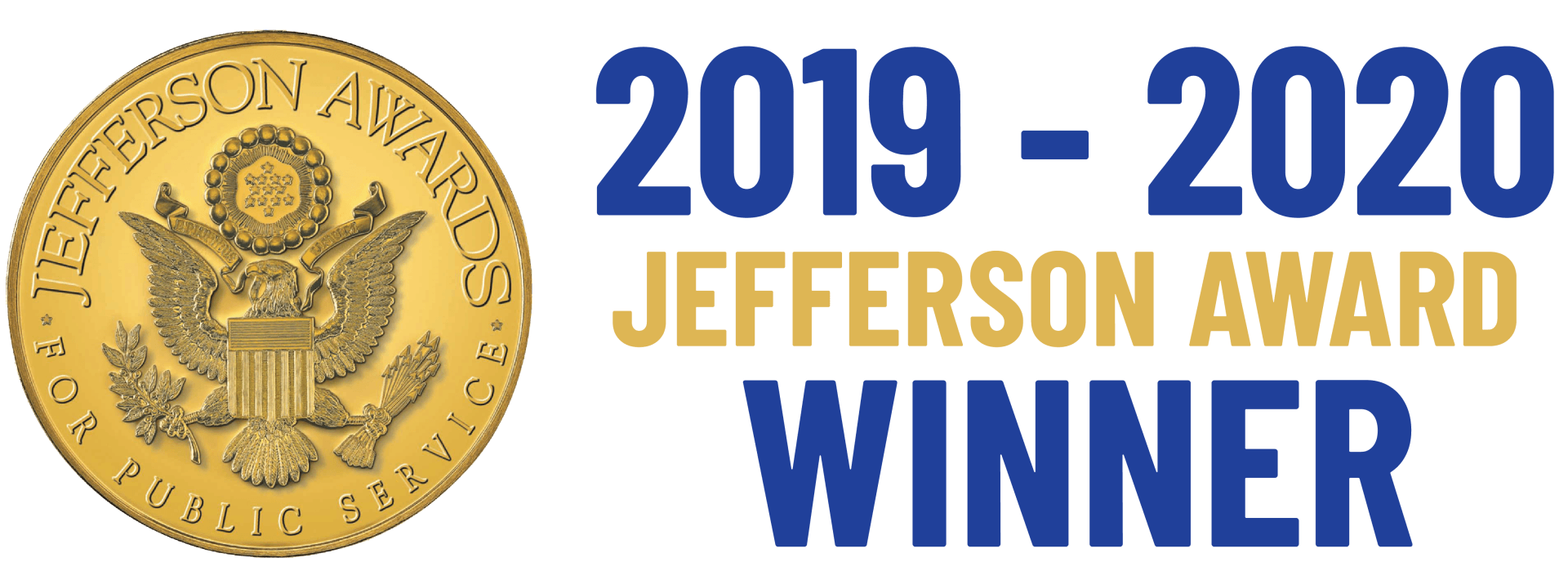 Gold Jefferson Award medallion with blue text: