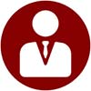 Person icon, white figure in a suit and tie inside a red circle.