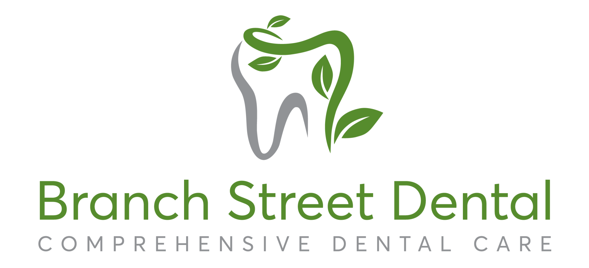 Logo for Branch Street Dental: tooth with green leaves, above green text.