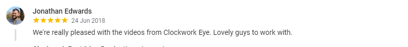 We're really pleased with the videos from Clockwork Eye. Lovely guys to work with.