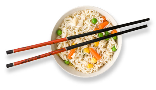 A bowl of noodles and vegetables with chopsticks in it