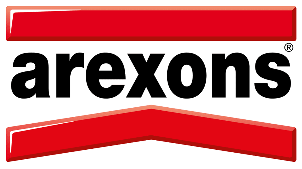 Logo Arexons: testo nero con una barra rossa sopra e sotto, una dritta, l'altra angolata.