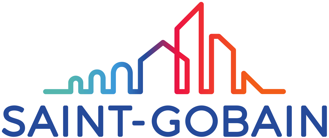 Logo di Saint-Gobain: skyline di edifici in colori sfumati sopra il nome dell'azienda.
