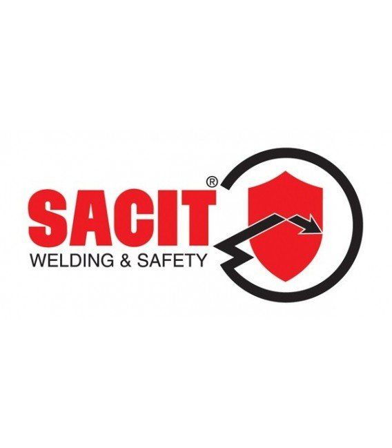 Logo SACIT Welding & Safety con testo rosso, uno scudo e un arco nero.
