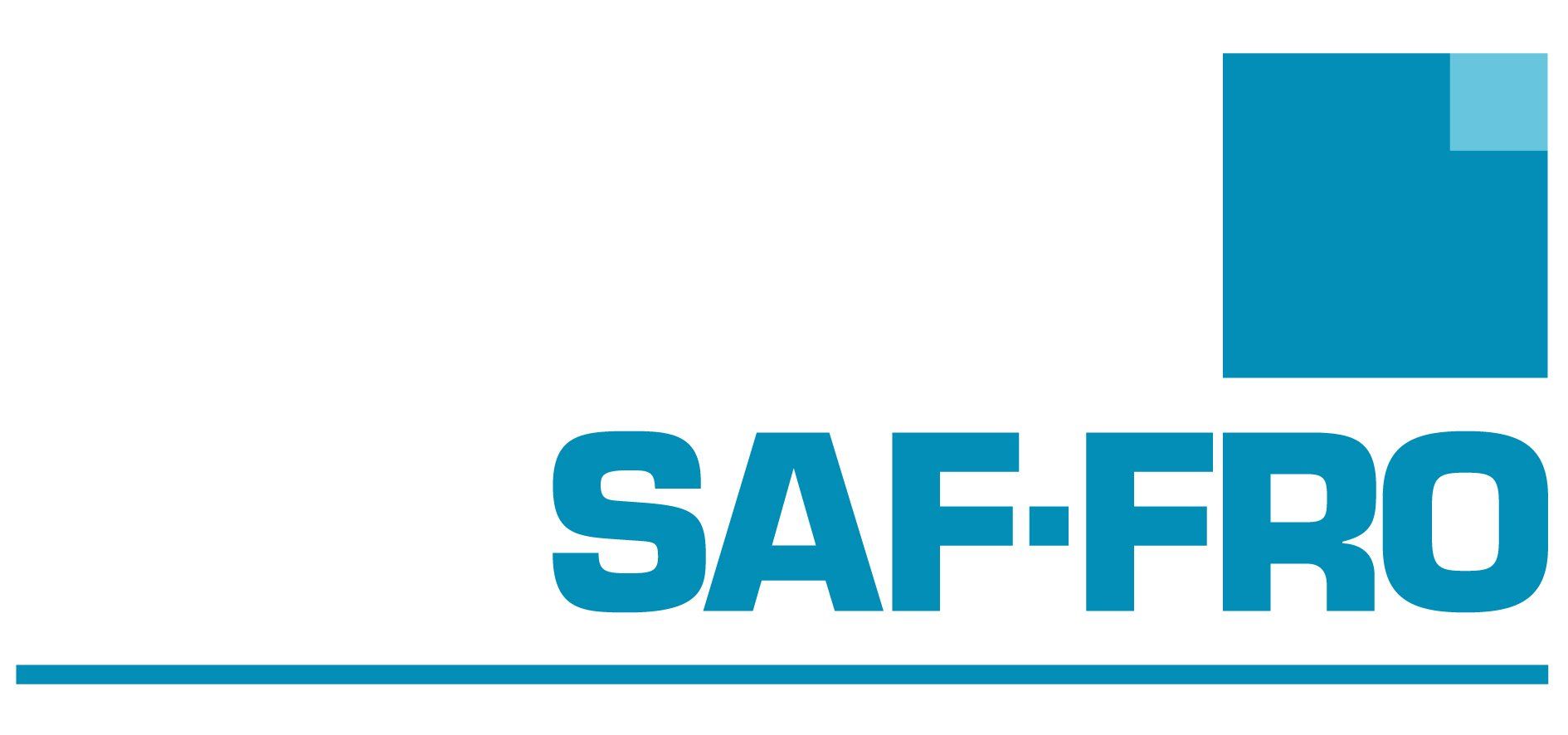 Logo SAF-FRO in verde acqua con un quadrato blu e una linea verde acqua.