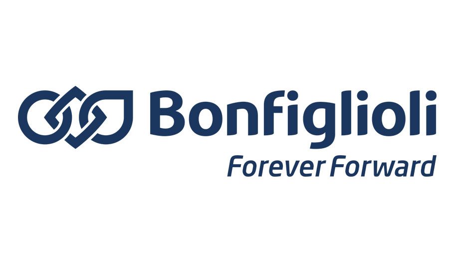 Logo Bonfiglioli: forme intrecciate blu scuro con il nome dell'azienda e lo slogan
