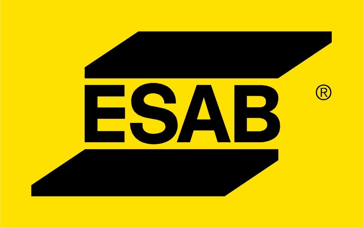 Logo ESAB: lettere nere su sfondo giallo con un riquadro nero stilizzato e angolato.