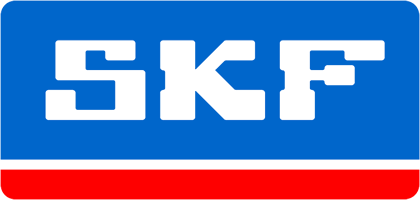 Logo SKF con lettere bianche su sfondo blu, striscia rossa nella parte inferiore.