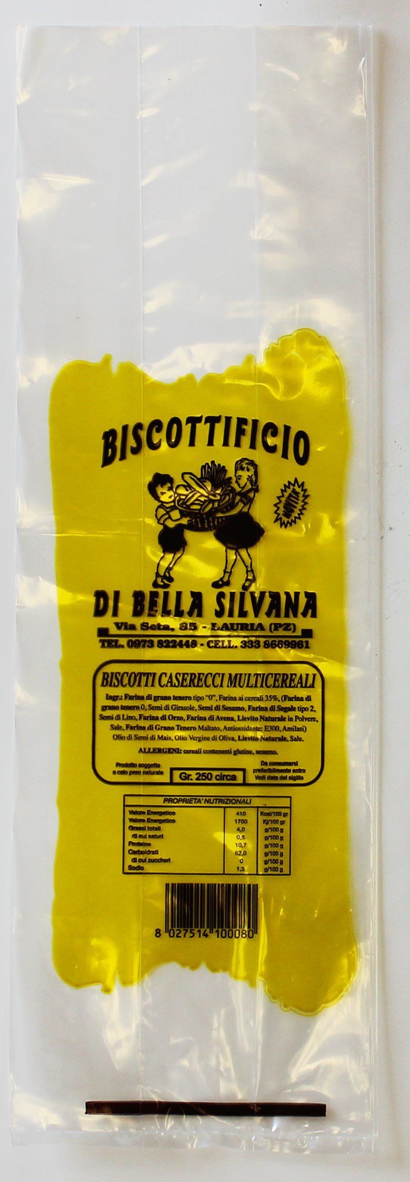 Un sacchetto di plastica con un'etichetta gialla che dice biscottificio
