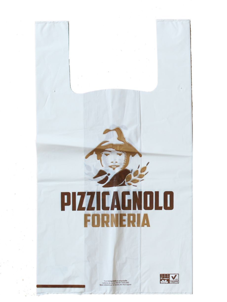 Un sacchetto di plastica bianco con scritto sopra pizzicagnolo forneria