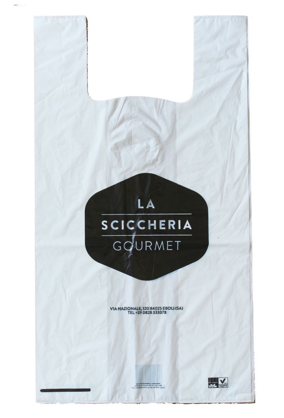 Un sacchetto di plastica bianco con scritto la sciccheria gourmet