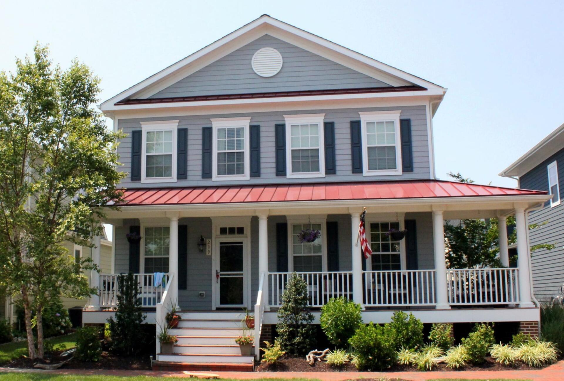 Grey two story home with porch exterior | Port Royal Classic | Covell Communities | Chester, Maryland 21619