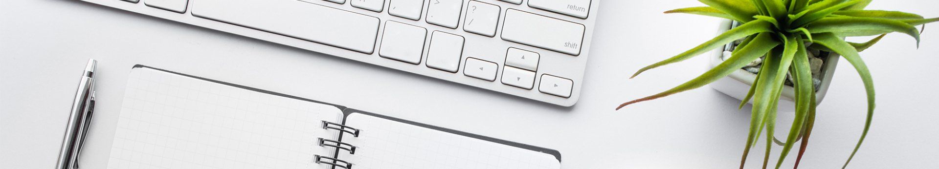 Clean office desk with succulent, keyboard, and notepad