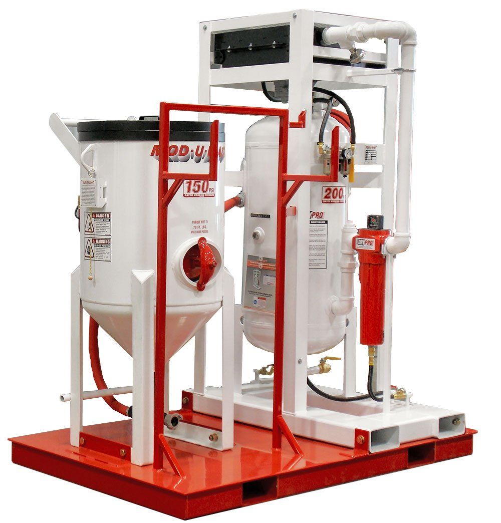 custom sandblasting skid with fork pockets