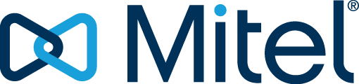 Mitel logo: blue overlapping infinity symbol with the word
