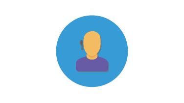 Person with headset, centered in a blue circle.