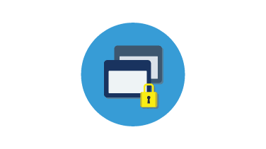 Blue circle with two overlapping windows and a yellow padlock; data privacy concept.