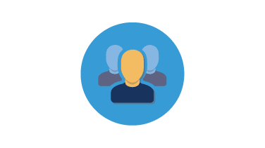 Group of people icon in a blue circle.